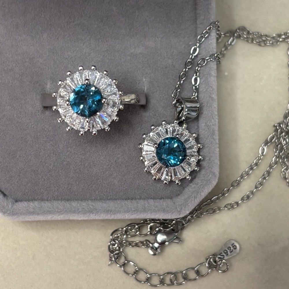Set!  London Blue Topaz Ring Sz 7 & Pendant/necklace in 925 Sterling Silver.